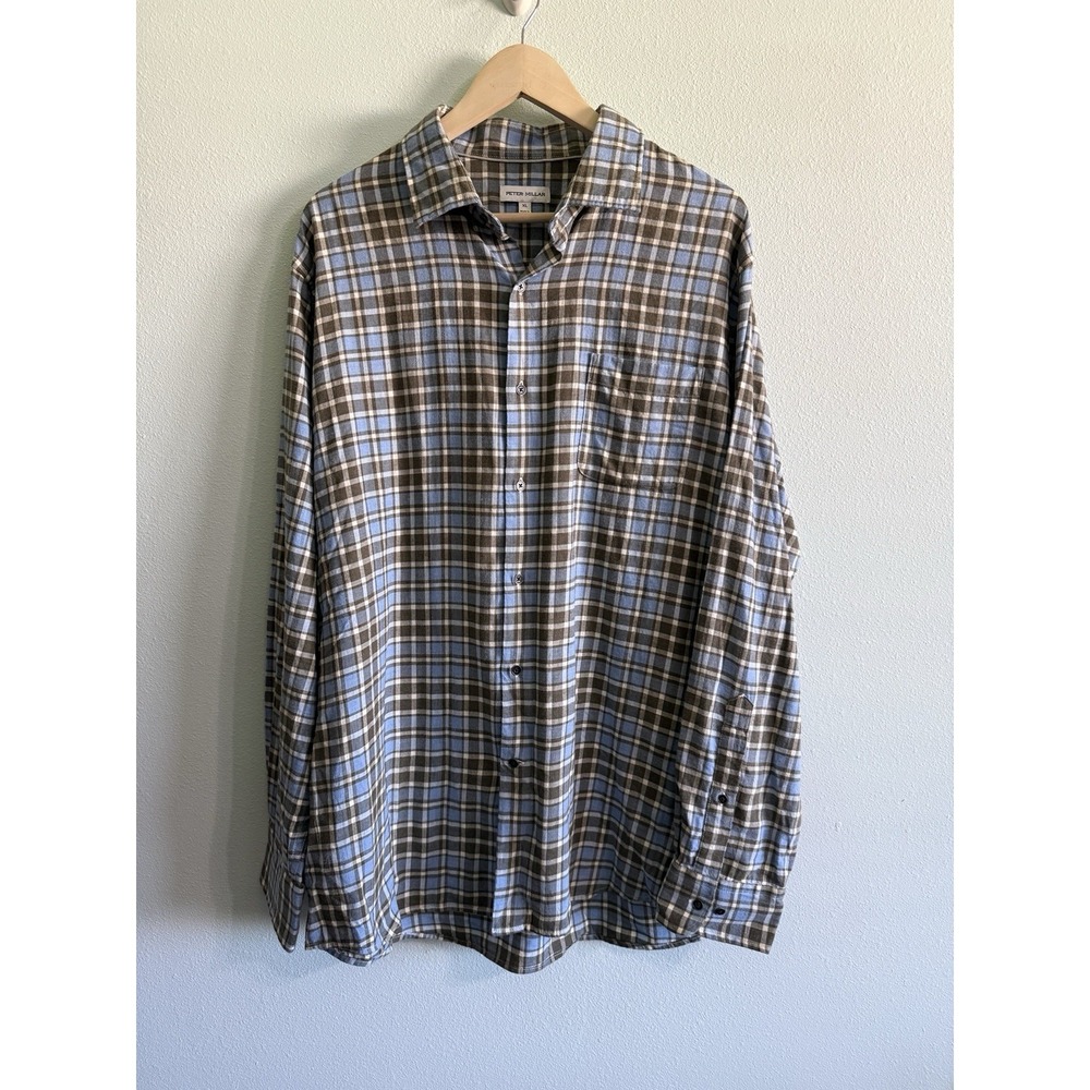 Peter Millar Button Down Shirt Mens XL Blue Brown Plaid‎ Cotton Long Sleeve